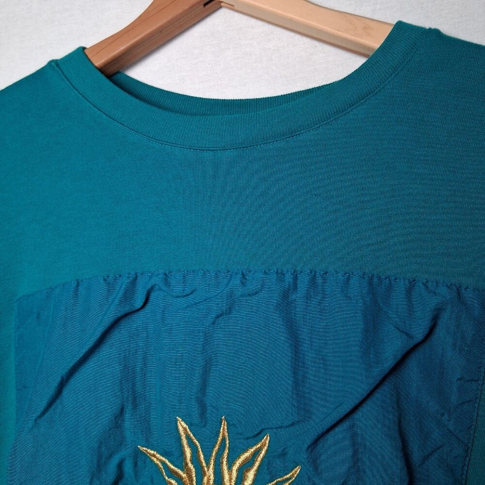 Vintage 1990s Bold Spirit Shirt Women Medium Turquoise Gold Sun Patch Celestial - Picture 12 of 13